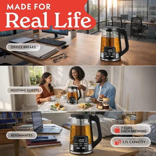 Vista 10 de Gourmia Hervidor eléctrico programable de vidrio – 1.7L Control de temperatura para té y café con pantalla táctil digital, 6 ajustes