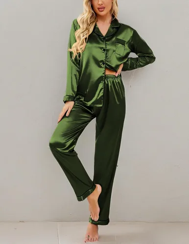 Vista 6 de Ekouaer - Conjunto de pijama de satén de seda clásico con botones para mujer, de manga larga Verde militar