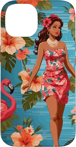 Vista 4 de iPhone 12 Pro Max Vintage Tiki Design - Funda hawaiana retro de flores hula y flamencos