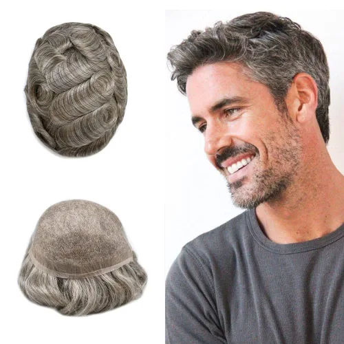 Vista 54 de Tupé de encaje suizo para hombres, piezas de cabello humano real, encaje frontal, sistema de reemplazo de cabello tipo tupé, nudo blanqueado, línea