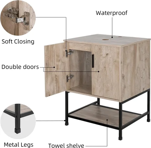 Vista 6 de UEV Tocador de Baño de Roble Rústico de 24" con Lavabo, Conjunto de Gabinete de Baño con Marco de Hierro Industrial con Puertas y Estante, con Combo