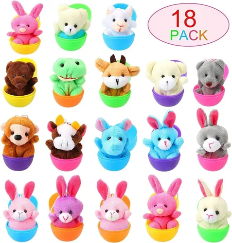 Vista 2 de Paquete de 18 huevos de Pascua rellenos con mini animales de peluche para niños, cesta de Pascua, búsqueda de huevos de Pascua, recuerdo de fiesta