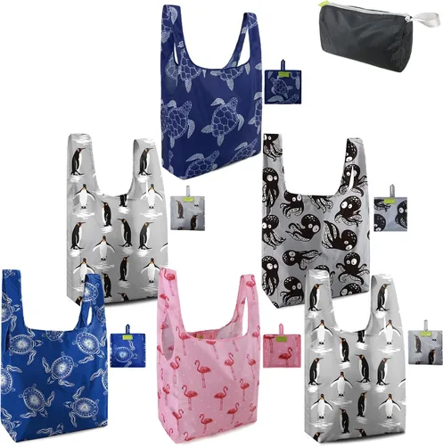 Vista 18 de BeeGreen Bolsas de comestibles reutilizables de Navidad con bolsa de almacenamiento con cremallera, paquete de 10 bolsas de compras reutilizables a