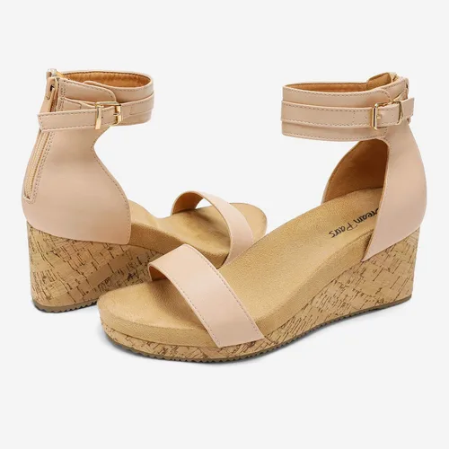 Vista 4 de Dream Pairs Sandalias de plataforma, con cuña y correa al tobillo, con hebilla y punta abierta, para mujer