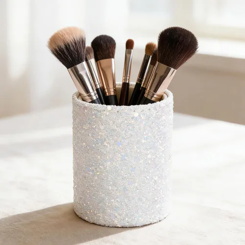 Vista 8 de Soporte para brochas de maquillaje, organizador de maquillaje, taza de encimera, cilindro moteado negro para pinceles y herramientas, ayuda a