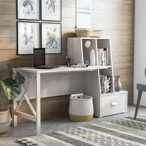 Vista 9 de HOMES: Inside + Out Garvine - Escritorio moderno de madera de 1 cajón de 71 pulgadas con puerto USB, toma de corriente, estantes abiertos