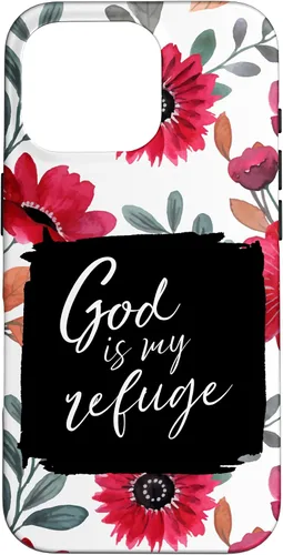 Vista 20 de God is My Refuge - Carcasa para iPhone 16, diseño de flores rojas con versículo bíblico del Salmo 91