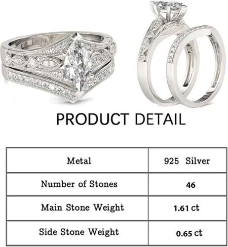 Vista 2 de Jeulia Juego de 2 anillos de plata de ley con corte marquesa milgrain para novia, boda, compromiso, aniversario