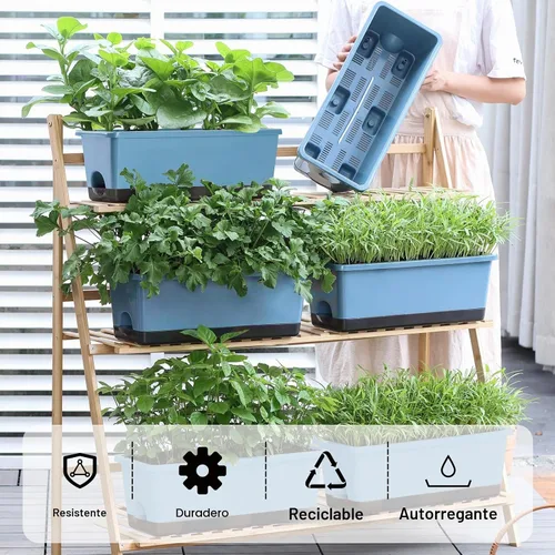 Vista 2 de Oliz Macetero rectangular para ventana, 8 unidades, 17 pulgadas con agujeros de drenaje y bandejas, macetas para alféizar de ventana, patio, jardín