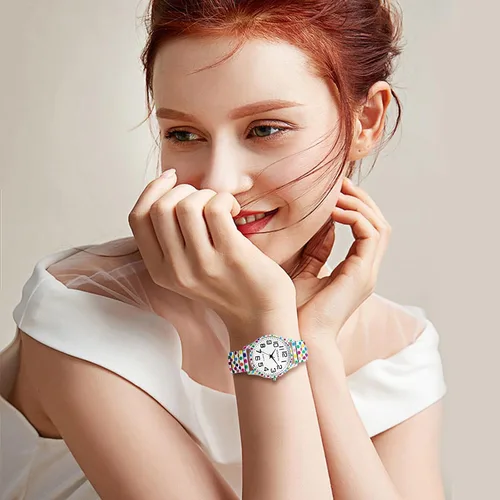 Vista 2 de Lancardo Reloj de banda elástica para mujer Bohemia elástica analógica cuarzo gran número blanco reloj de pulsera fácil de leer cumpleaños Navidad