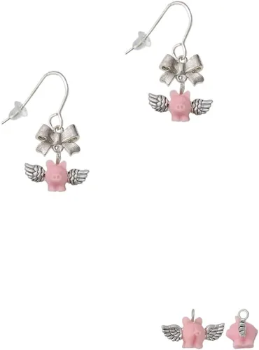 Vista 2 de Delight Jewelry Silvertone - Aretes franceses con lazo plateado de cerdo volador rosa, Metal, No es una piedra preciosa