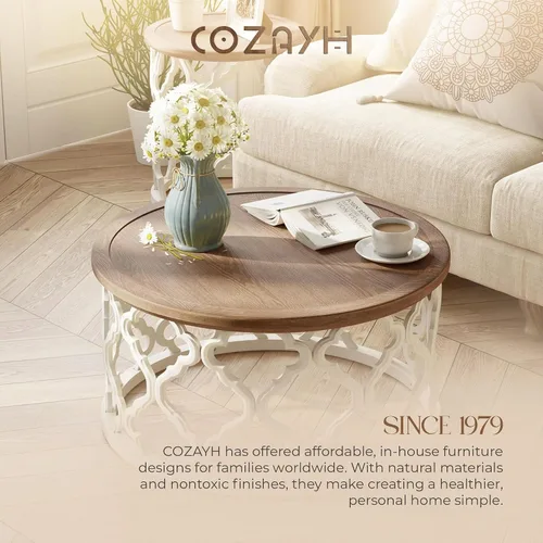 Vista 7 de COZAYH Mesa de centro redonda de granja, bandeja de madera envejecida con base curvada, mesa rústica bohemia para sala de estar, color blanco