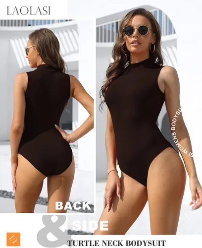 Vista 4 de LAOLASI Body ajustado sin mangas con cuello alto falso para mujer