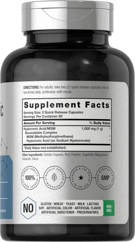 Vista 2 de Horbäach Ácido hialurónico con MSM 1000 mg 120 cápsulas Suplemento sin OMG y sin gluten Fórmula biodisponible
