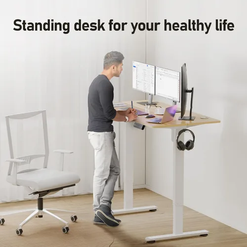 Vista 8 de Escritorio eléctrico de altura ajustable, escritorio de pie sentado de 48 x 24 pulgadas, escritorio ergonómico para computadora con 2 ganchos