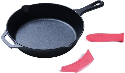 Vista 3 de HomeVss Hierro fundido, sartén pre-sazonada con mango de silicona (8 pulgadas + 10 pulgadas)