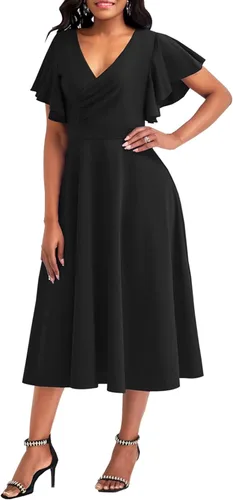 Vista 2 de shengfan Vestido largo de verano de manga corta para mujer, estilo casual, cuello en V profundo, vestido largo acampanado para fiesta de club