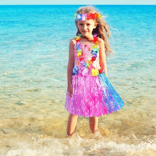 Vista 7 de Fortuning's JDS Conjunto de falda elástica hawaiana de hierba de bailarina hula con flores para niña