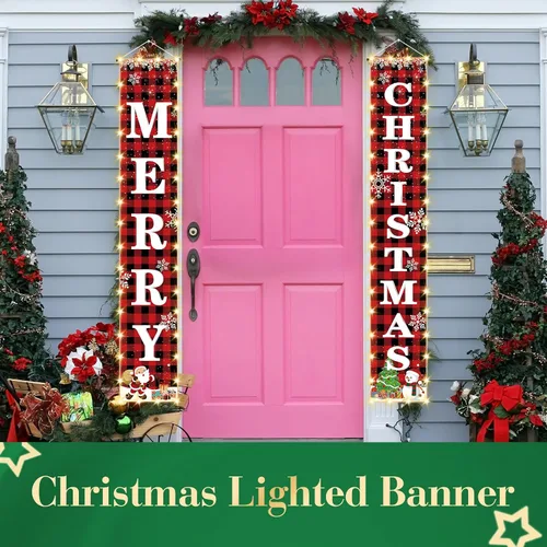 Vista 4 de Cartel iluminado de Feliz Navidad de 71 x 12 pulgadas para puerta, porche, patio, decoración festiva de Navidad, decoración temática de vacaciones