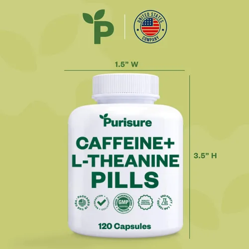 Vista 8 de Purisure Cápsulas de teanina de cafeína, píldoras de cafeína 100 mg L teanina para pre entrenamiento, energía y claridad, píldoras energéticas