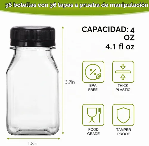 Vista 2 de Moretoes 36 botellas de jugo de 4 onzas, botellas pequeñas de plástico con tapas, recipientes transparentes reutilizables con tapas para jugos