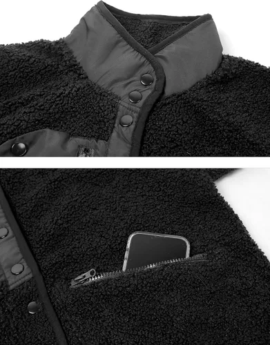 Vista 3 de APAFES Chaqueta corta de forro polar Sherpa para mujer, abrigada con botones, abrigos, con bolsillos
