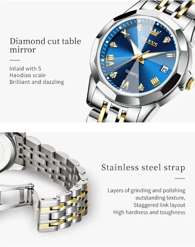 Vista 5 de OLEVS Reloj de pulsera de acero inoxidable con diamantes dorados y elegantes
