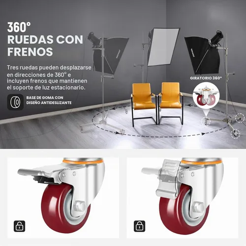 Vista 6 de NEEWER Soporte para luz de acero inoxidable de 198 cm/6.5 pies, soporte de trípode resistente con ruedas con rodamientos, 2 brazos deslizantes