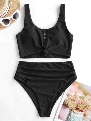 Vista 5 de ZAFUL - Traje de baño estilo bikini de dos piezas con cuello redondo y tiro alto para mujer