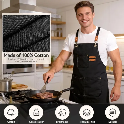 Vista 2 de Delantales de chef para hombres y mujeres con bolsillos grandes, delantal de lona de algodón resistente con espalda cruzada