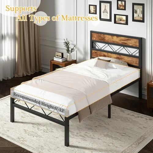 Vista 7 de VECELO Base de cama tamaño individual con cabecero, plataforma resistente con soporte de listones de metal, no necesita somier, fácil montaje, negro