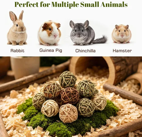 Vista 5 de 8 bolas de hierba masticable de conejo, juguetes naturales hechos a mano para rechinar dientes, golosinas de enriquecimiento para roedores, conejos