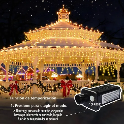 Vista 4 de Luces de Navidad de carámbano para exteriores - 200 LED 6.4+4.9 m 8 modos, cortina de luces de hadas en forma de guirnalda, enchufables