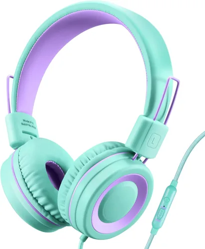 Vista 9 de POWMEE M3 - Auriculares para niños con micrófono, ligeros, plegables, ajustables, estéreo, con graves con cable de 4.3 ft sin enredos para Negro