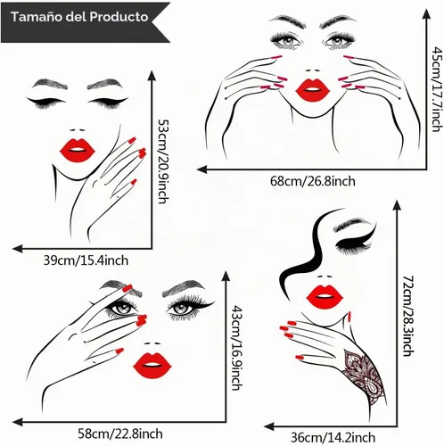 Vista 4 de Calcomanía de pared de cara sexy extraíble con ojos y labios rojos, calcomanías de pared para despegar y pegar, contorno de belleza, decoración