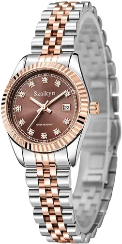 Vista 9 de Reloj clásico para mujer con banda de acero inoxidable sólido, reloj de vestir para mujer, reloj con calendario