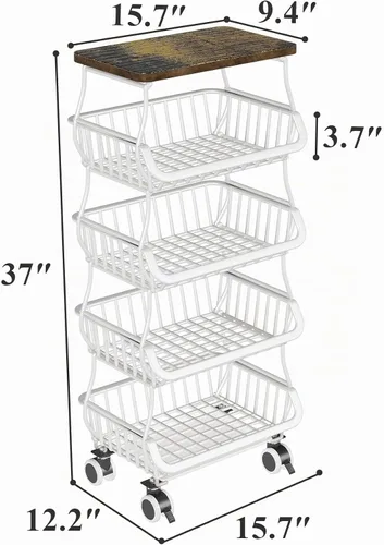 Vista 6 de SAYZH 5-Tier Fruit and Vegetable Basket Stand for Kitchen, Wood Top, White Blanco