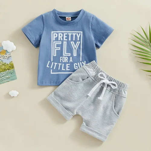 Vista 2 de Conjunto de ropa para niños pequeños, con estampado de Little Dude y pantalones cortos casuales con cordón para el verano