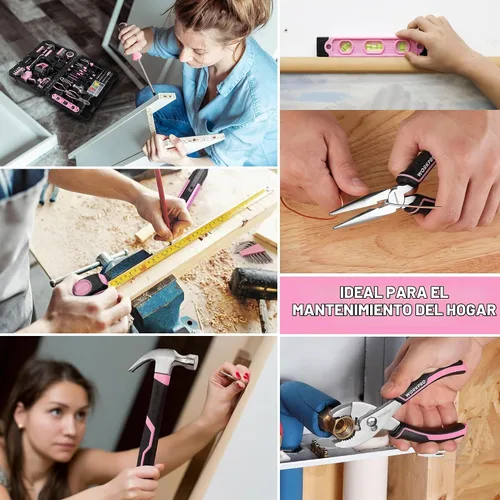 Vista 6 de WORKPRO Taladro Atornillador Inalámbrico Rosa de 20V y Juego de Herramientas para el Hogar, Kit de Herramientas Manuales de 141 Piezas