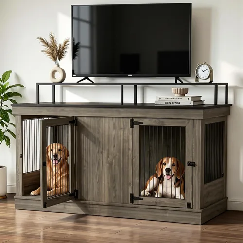 Vista 2 de MCombo Jaula de madera para perros de 57 pulgadas, soporte de TV de madera para 2 perros medianos, jaula grande con 2 puertas, mesa auxiliar