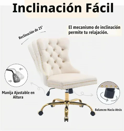 Vista 5 de Silla de escritorio de terciopelo beige para oficina en casa con ruedas y base dorada, linda silla de tocador con respaldo acolchado para mujeres