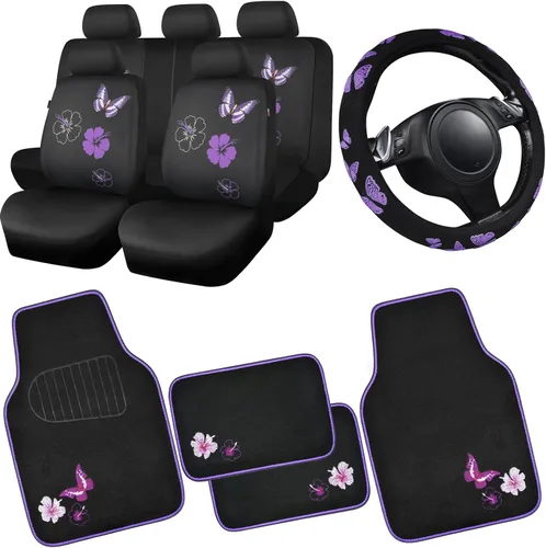 Vista 11 de CAR PASS Juego de fundas universales para asiento delantero de automóvil, diseño de flores bordadas, impermeables, fundas para volante, mariposa