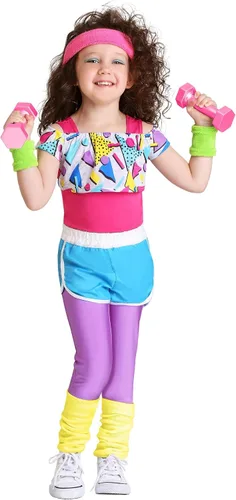 Vista 2 de Toddler Girls 80s Work It Out Halloween Costume Retro Baby Outfit with Leotard, Crop Top, Leggings, Shorts, & Accessories