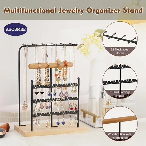 Vista 3 de Organizador de joyas, soporte de exhibición de joyería de metal, soporte organizador de aretes de 5 niveles para aretes, collares, pulseras, estante