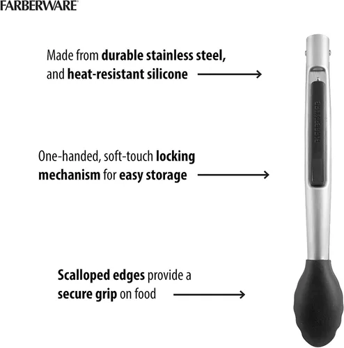 Vista 5 de Farberware Pinzas de cocina de silicona profesional de 12 pulgadas, mecanismo de bloqueo con una sola mano, agarre festoneado, pinzas de cocina