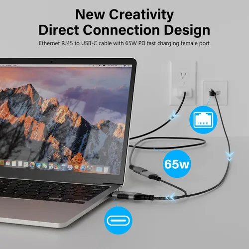 Vista 2 de Cable USB C a Ethernet de 4 pies, cable tipo C a RJ45 con USB-C hembra de 65 W PD carga rápida, Internet y carga dos en uno, red LAN Gigabit