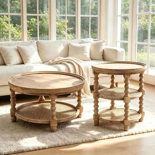Vista 9 de 3-Tier Round Side Table Small End Tables Nightstand Wood & Rattan Brown 23.5 Brown