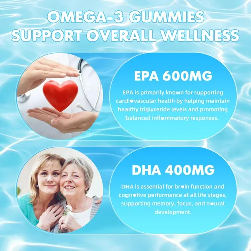 Vista 4 de softbear Gomitas Omega 3 para mujeres, hombres y niños, suplementos Omega 3 de 1200 mg de ácidos grasos veganos Omega 3 DHA EPA con vitaminas que