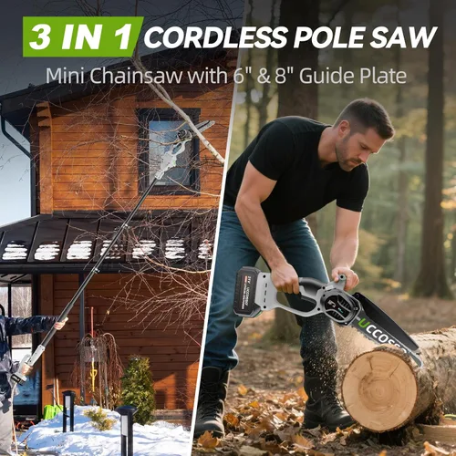 Vista 2 de Sierras de poste eléctricas 3 en 1 para poda de árboles, mini motosierra inalámbrica de 6 y 8 pulgadas con poste de extensión, motor sin escobillas
