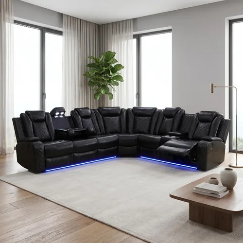 Vista 9 de Sofá modular reclinable eléctrico para sala de estar, moderno juego de sofá modular de cuero negro en forma de L, juego de sofá reclinable